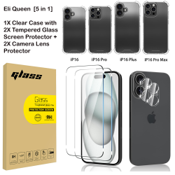 Eli Queen for iPhone 16 Series, [5 in 1] 1X Clear Case with 2X Tempered Glass Screen Protector + 2X Camera Lens Protector